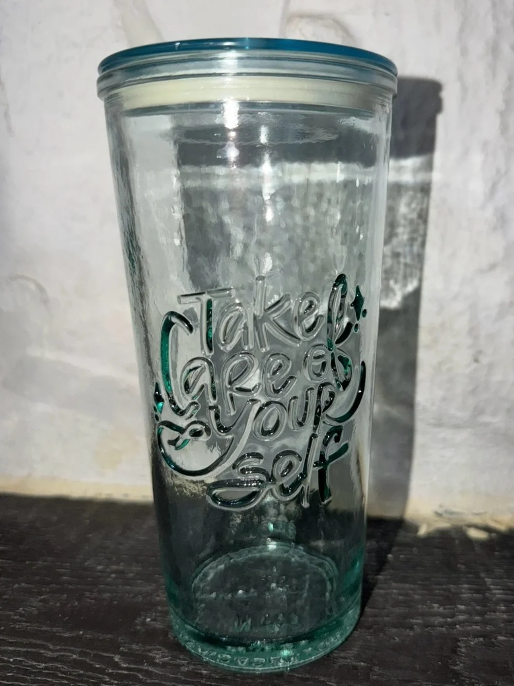 Tabitha Brown Embellished Glass Tumbler with Aqua Lid - 'Take Care Of Yourself'